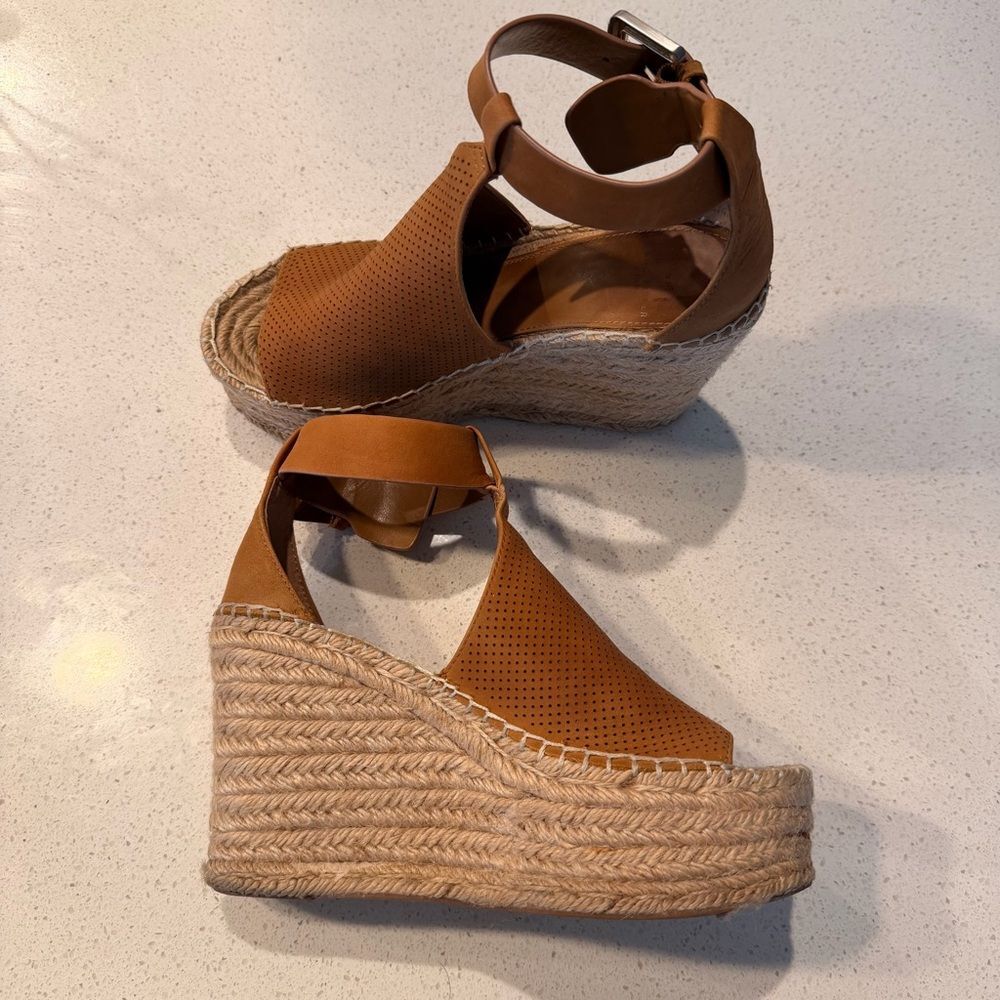 Marc Fisher Mlannie Tan Leather Espadrille Wedge Ankle Strap Sandal Size 5.5 - Picture 3 of 9